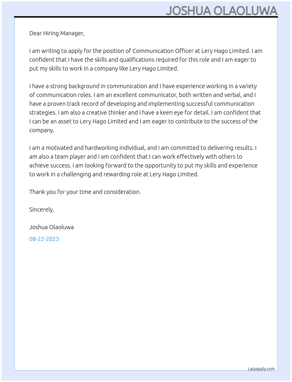 Communication Officer  At Lery Hago Limited  Cover Letter