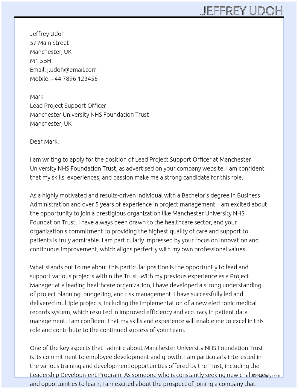 Lead Project Support Officer At Manchester University NHS Foundation Trust Cover Letter
