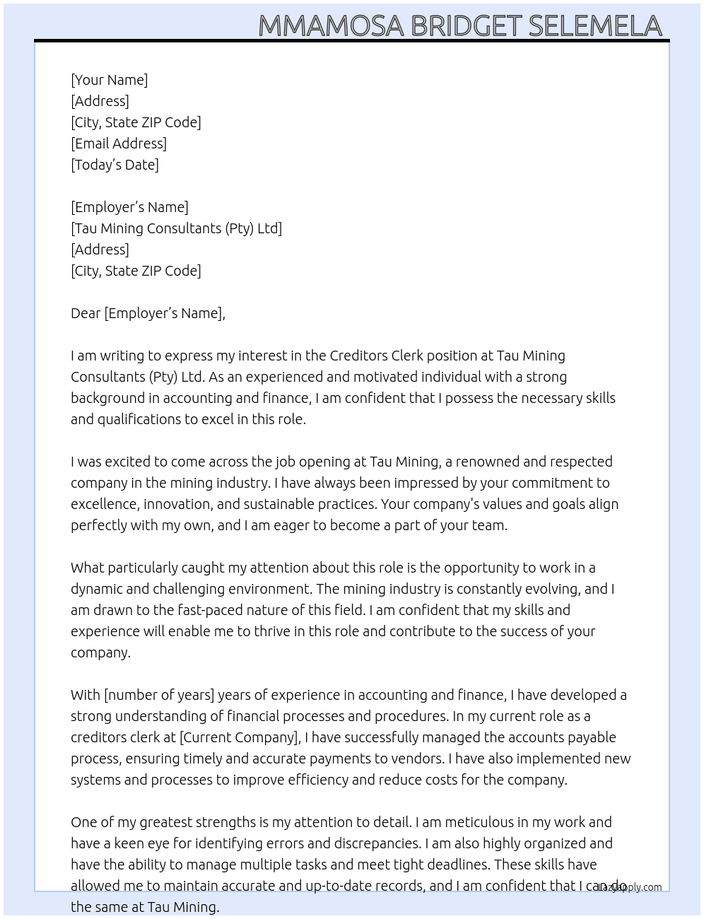 Creditors clerk At Tau Mining Cover Letter
