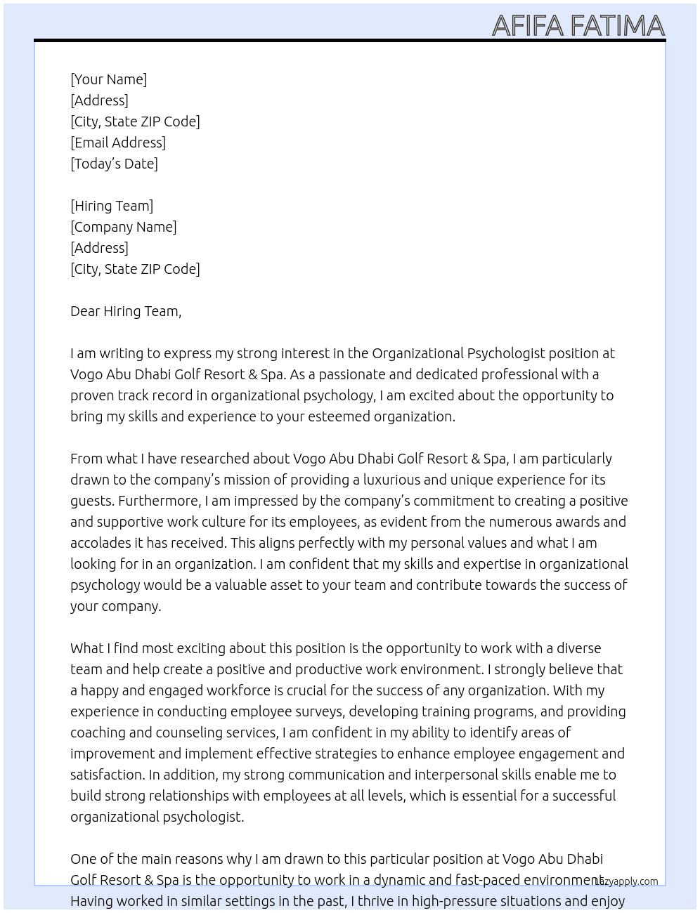organizational psychologist At Vogo Abu Dhabi golf Resort & Spa Cover Letter