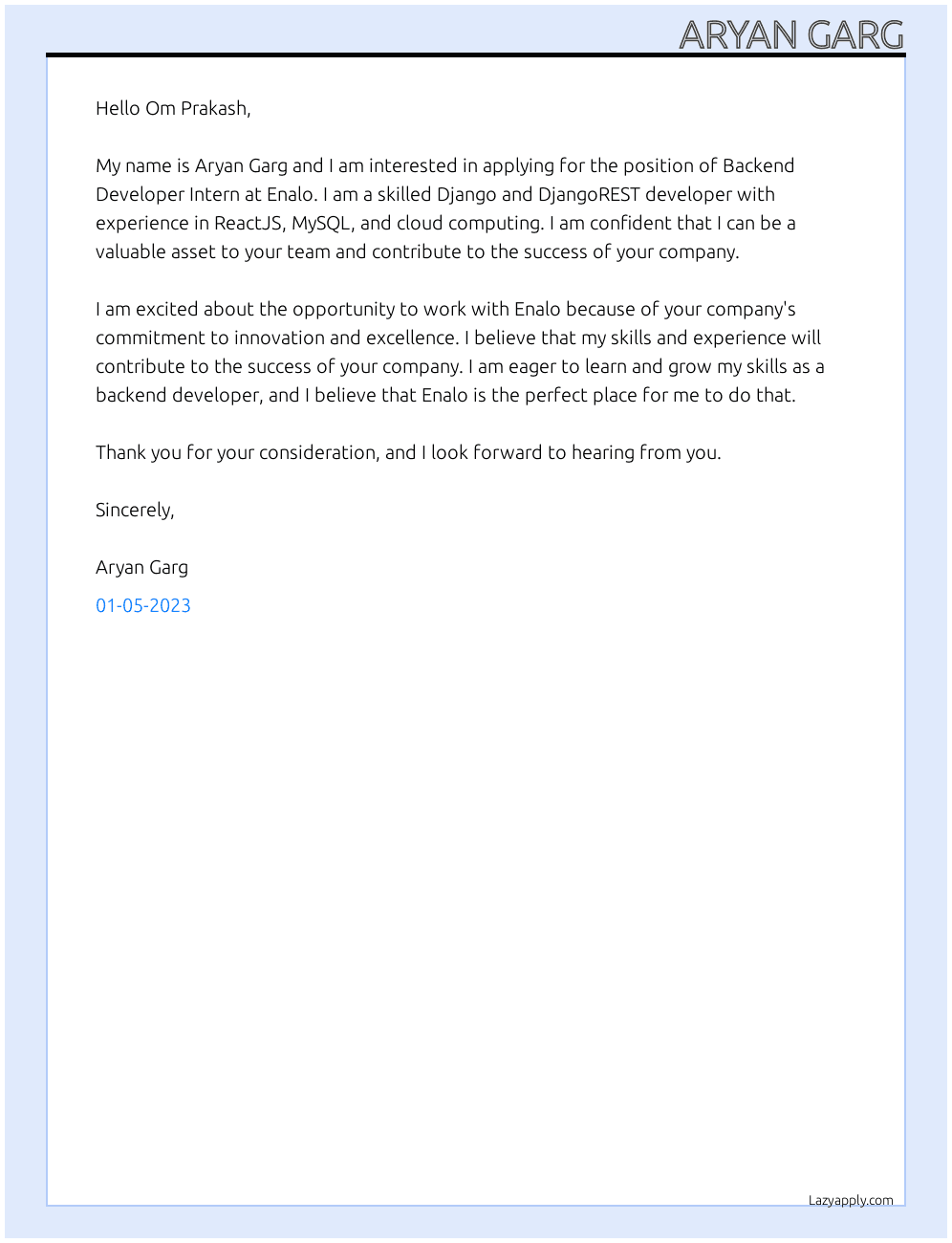 Backend Developer Intern At  Enalo Cover Letter