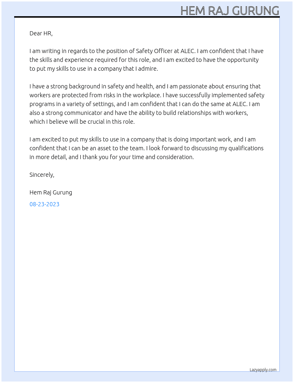 SAFETY OFFICER At ALEC Cover Letter
