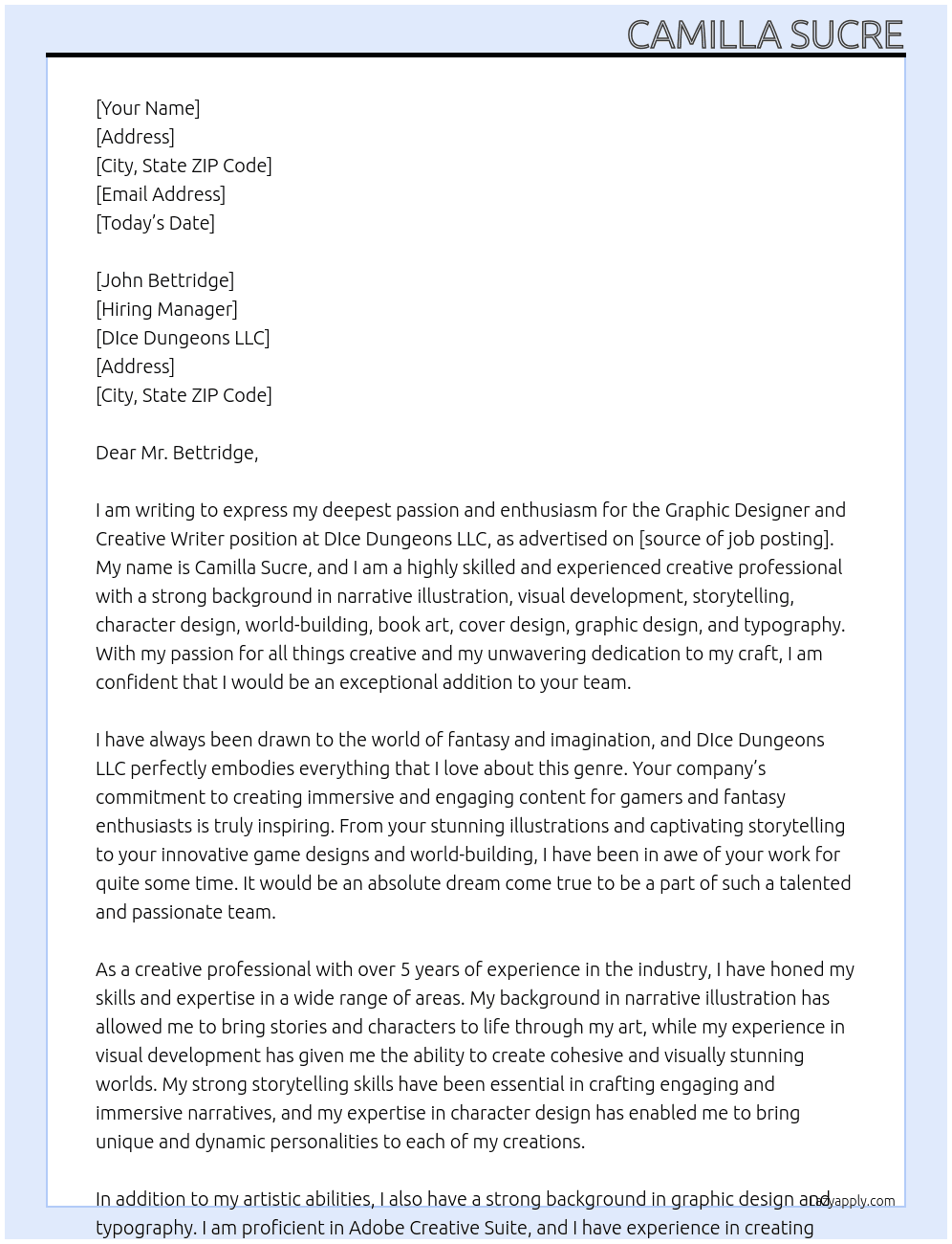 Graphic Designer and Creative Writer At DIce Dungeons LLC Cover Letter