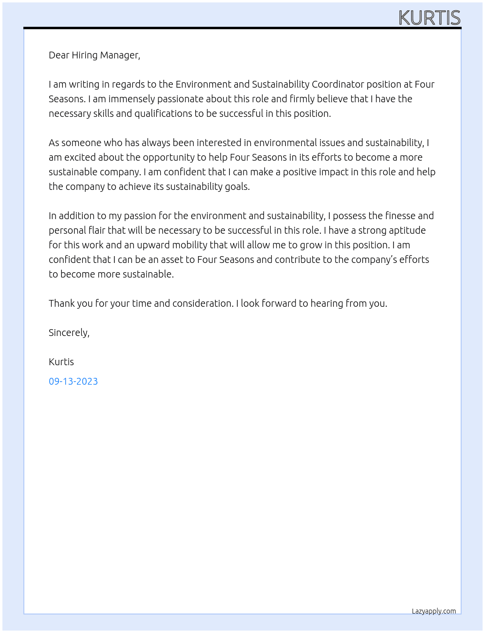 Environment and Sustainability Coordinator At Four Seasons Cover Letter