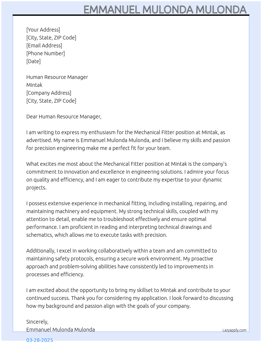 Mechanical fitter At Mintak Cover Letter