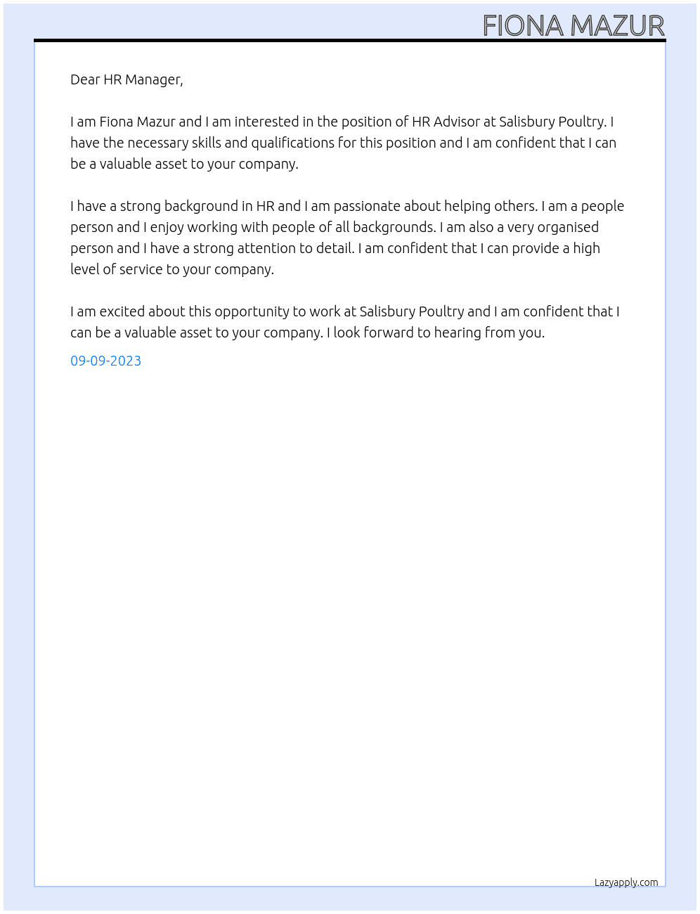 HR Advisor At Salisbury Poultry Cover Letter