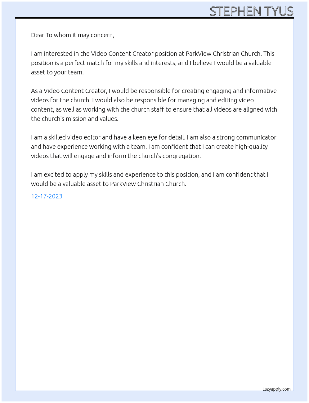 Video Content Creator At ParkView Christrian Church Cover Letter