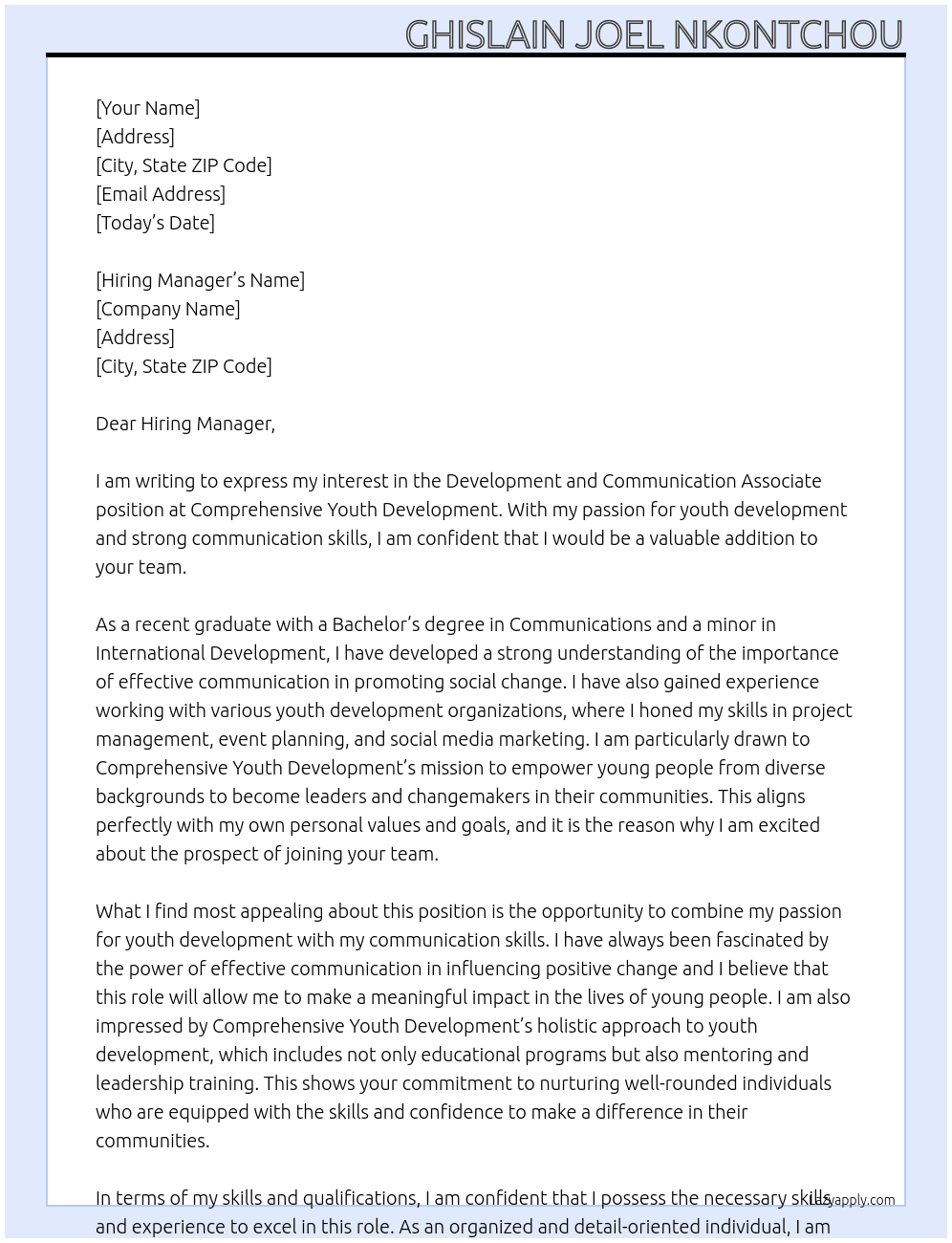 Development&Communication Associate At Comprehensive Youth Development Cover Letter