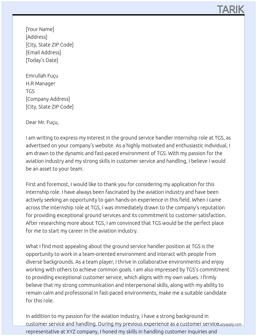 ground service handler At TGS Cover Letter