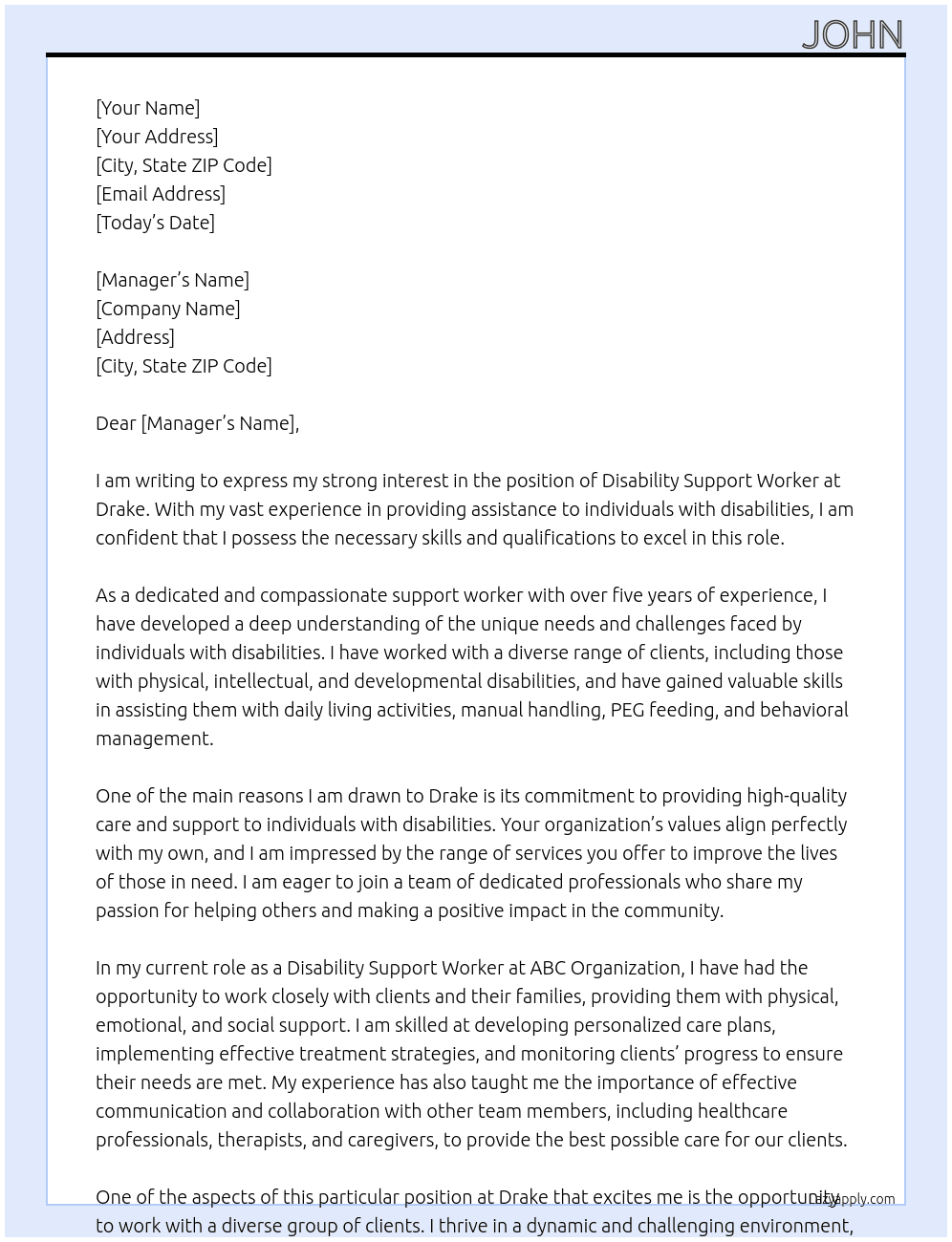 Disability Support Worker At Drake Cover Letter