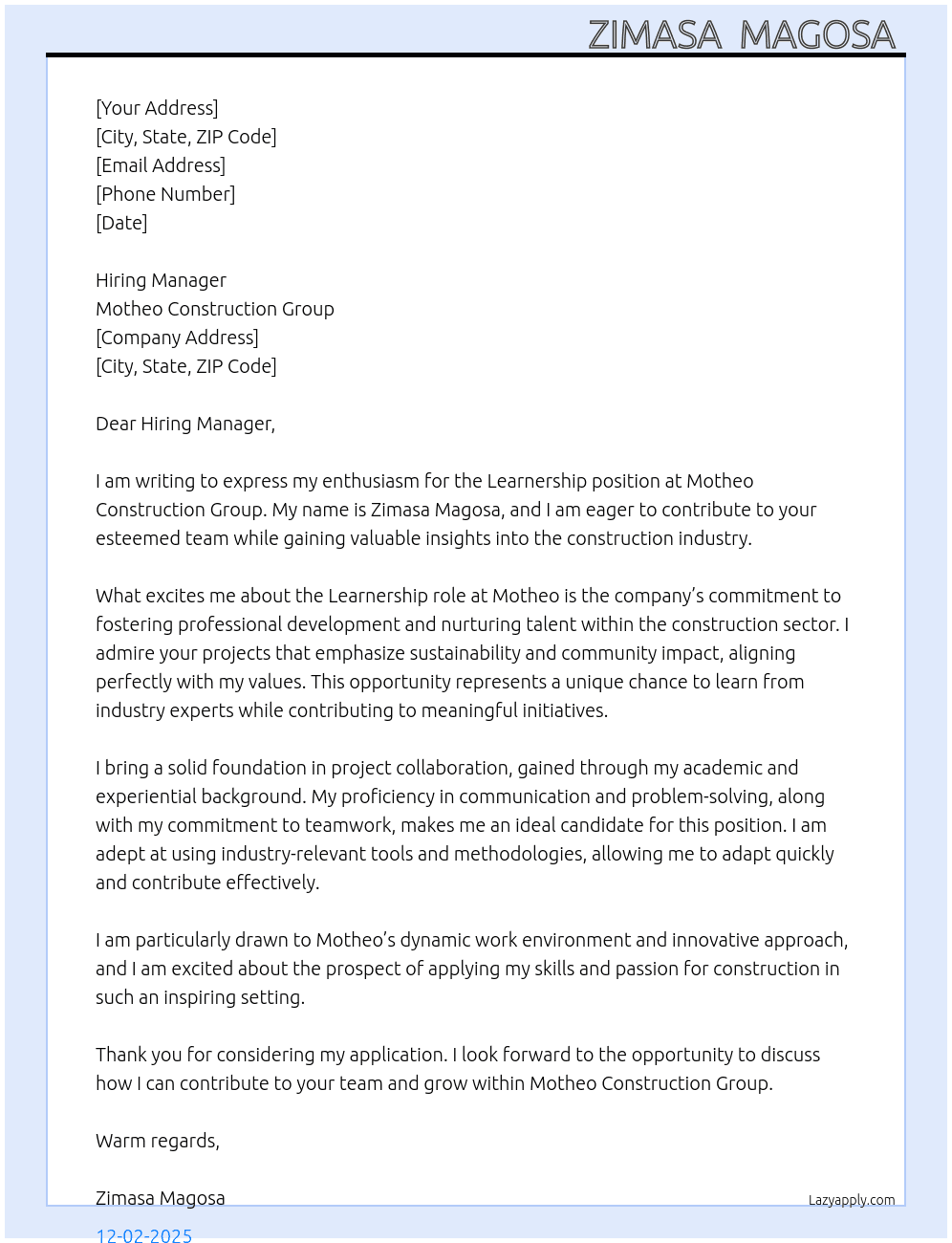 Learnership At Motheo Construction Group Cover Letter