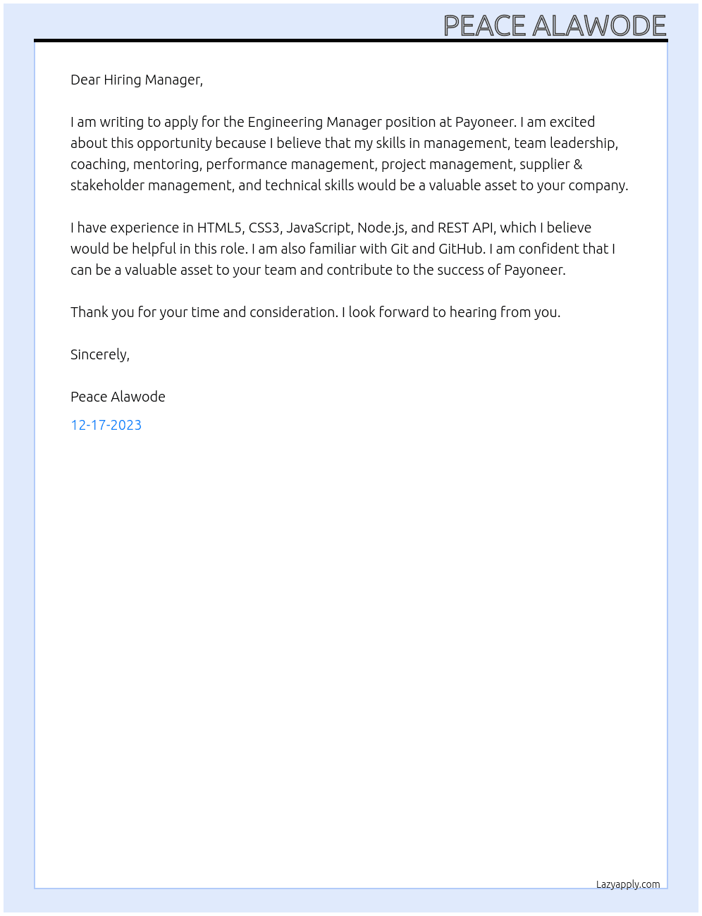 Engineering Manager At Payoneer Cover Letter