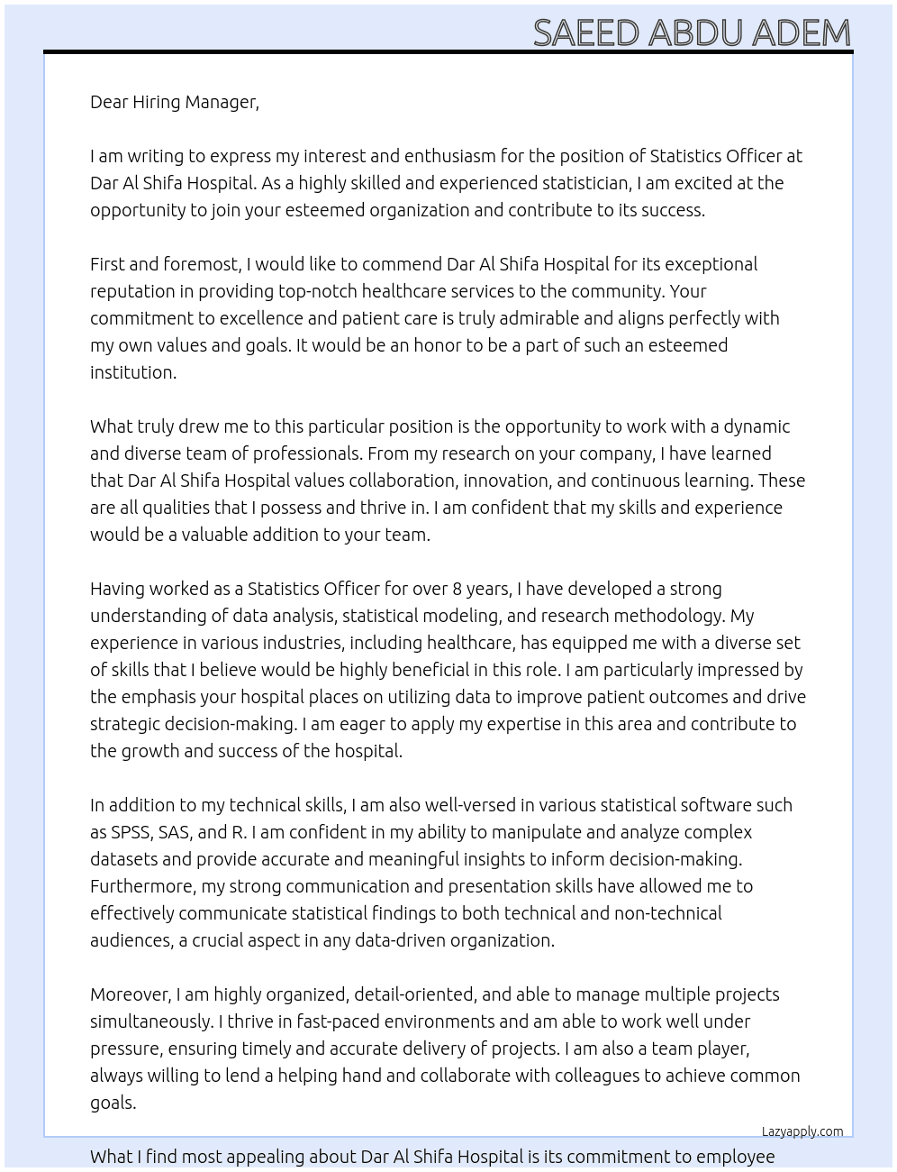 Statistics Officer At Dar Al Shifa Hospital Cover Letter
