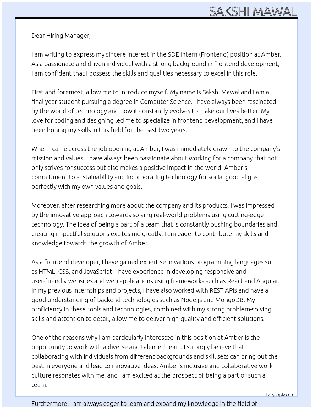 SDE Intern (Frontend) At Amber Cover Letter