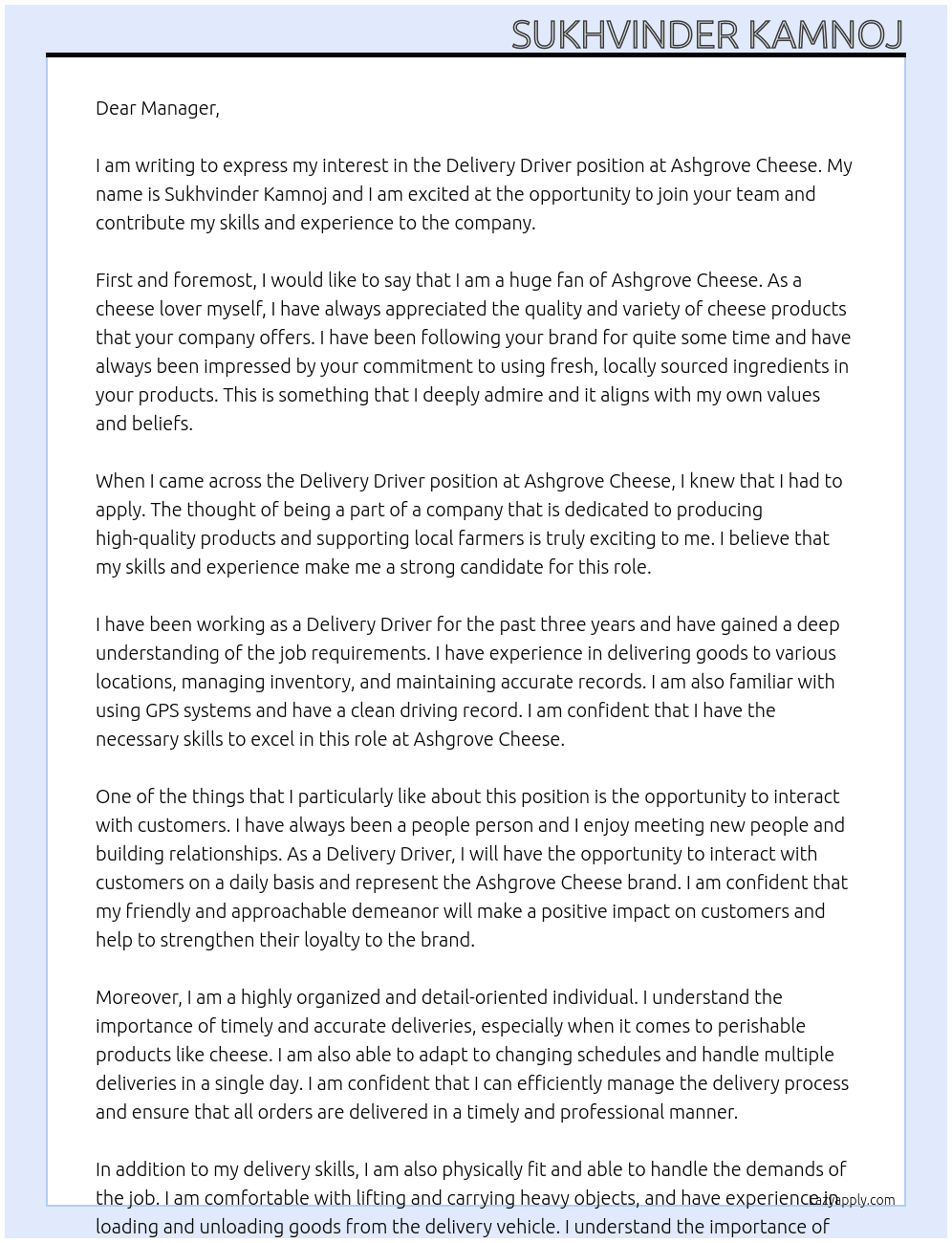 Delivery driver  At Ashgrove cheese Cover Letter