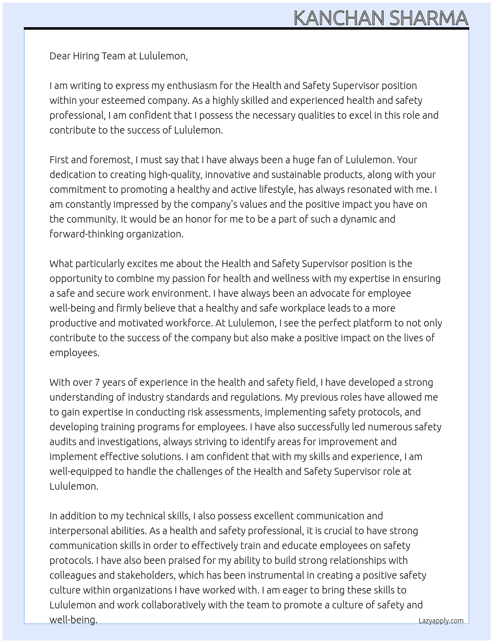 Health and Safety Supervisor At Lululemon Cover Letter