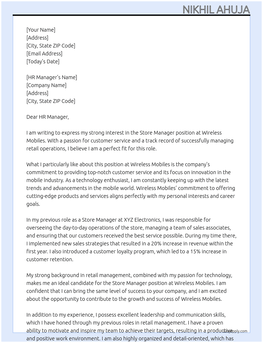 Store Manager  At Wireless mobiles  Cover Letter