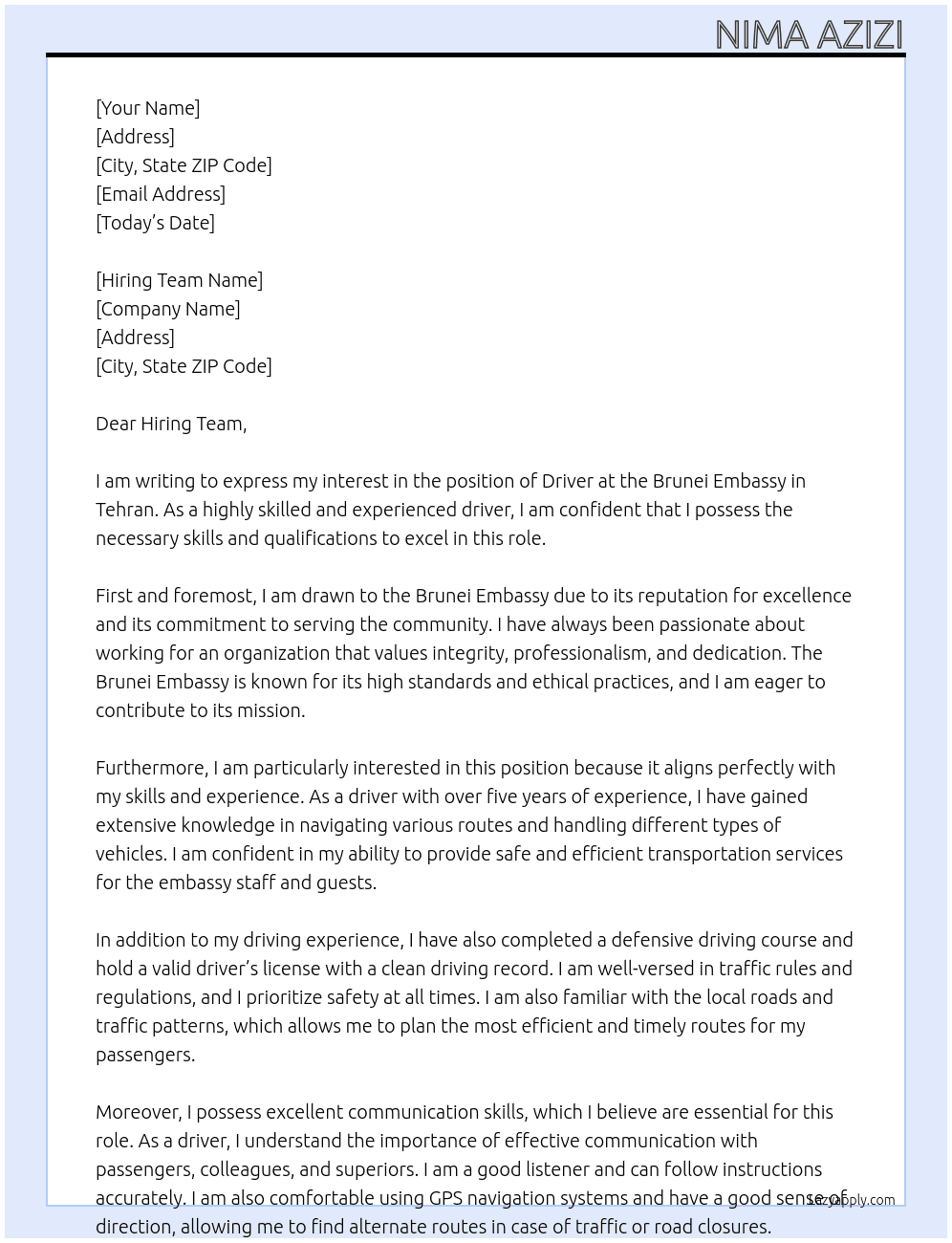 driver At brunei embassy in Tehran Cover Letter