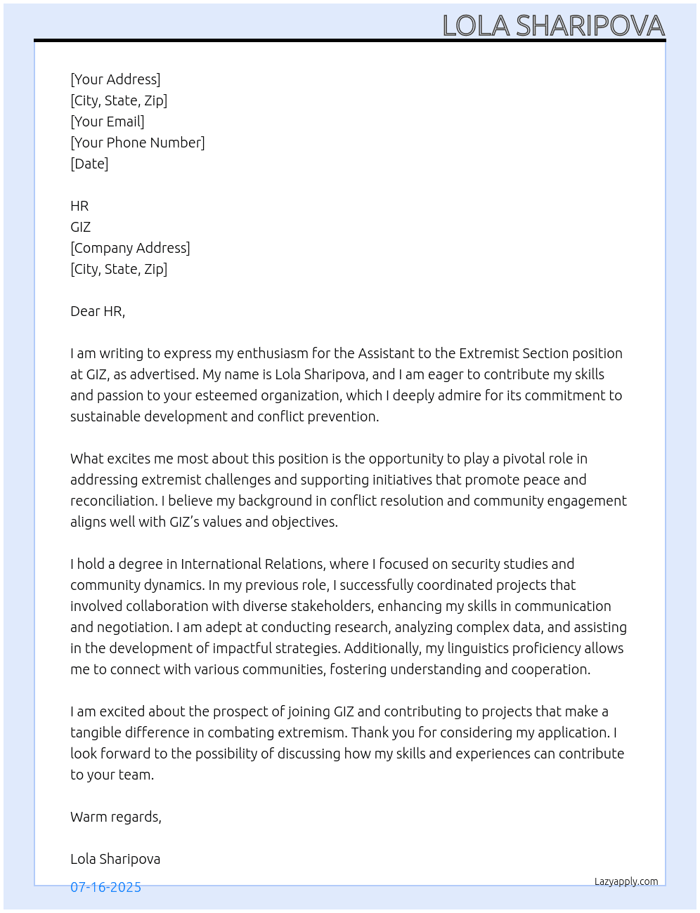assistant to extrimist section At GIZ Cover Letter