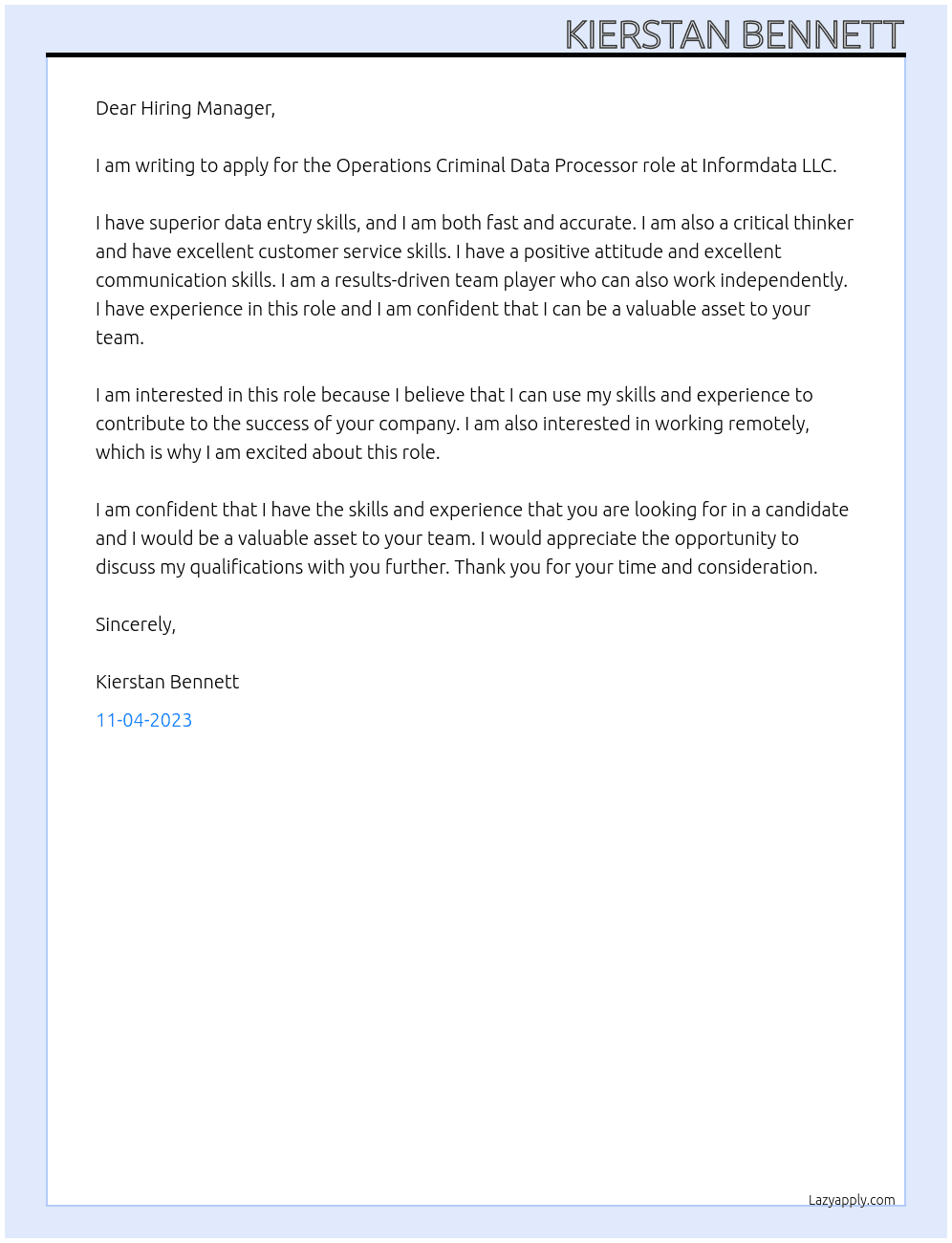 Operations Criminal Data Processor  At Informdata LLC Cover Letter