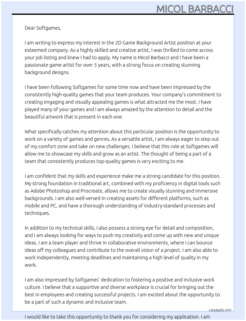 2D Game Background Artist At Softgames Cover Letter
