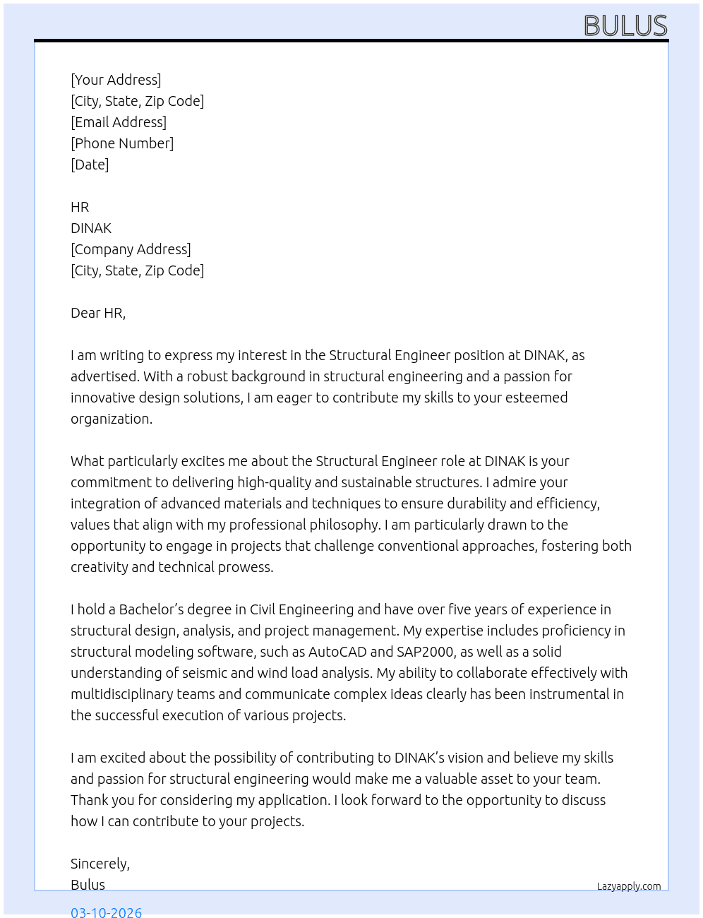 STRUCTURAL ENGINEER At DINAK Cover Letter