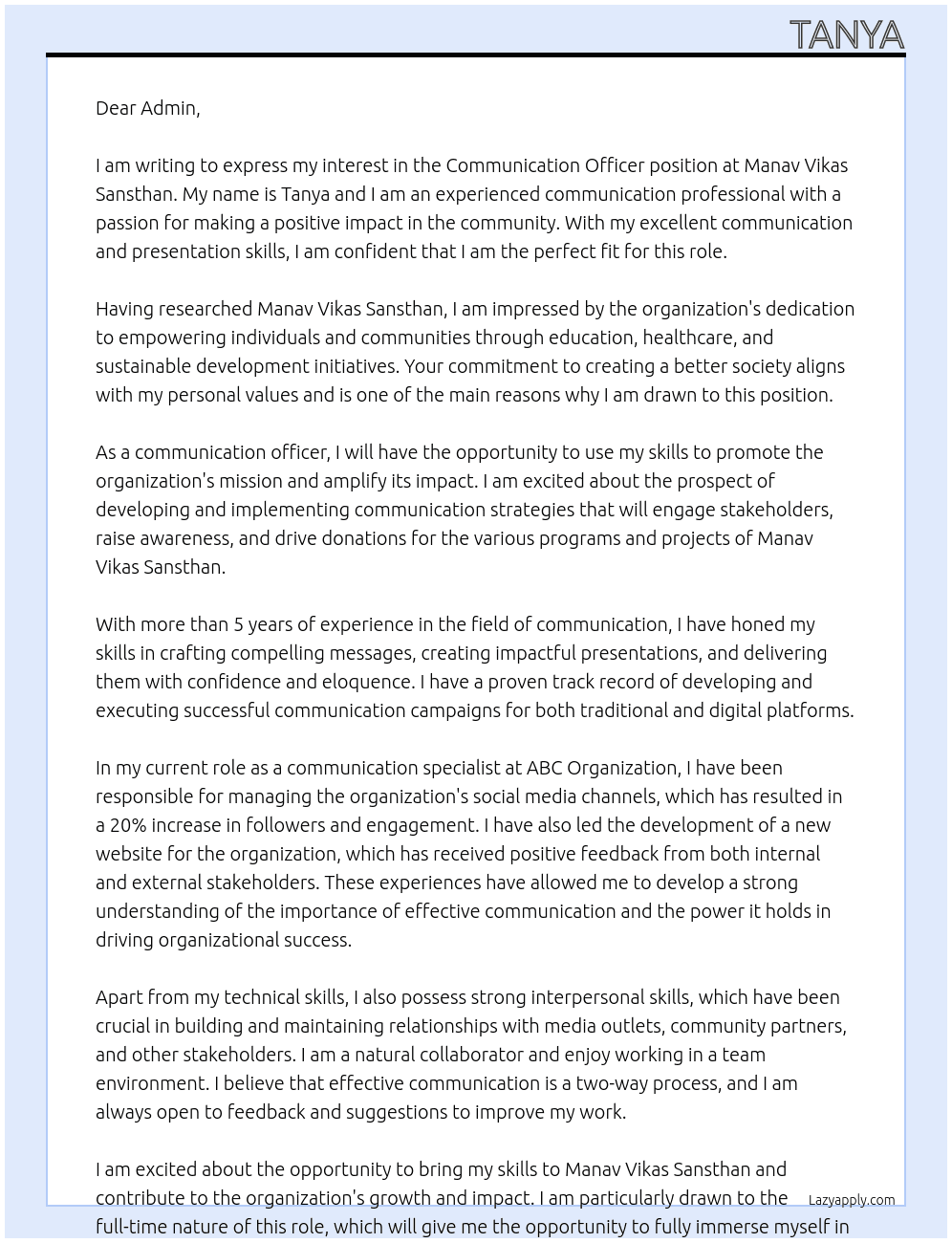 Communication officer At Manav vikas sansthan Cover Letter