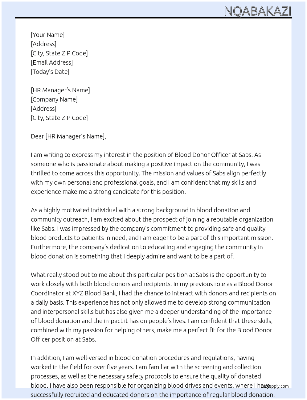 Blood donor officer  At Sabs Cover Letter