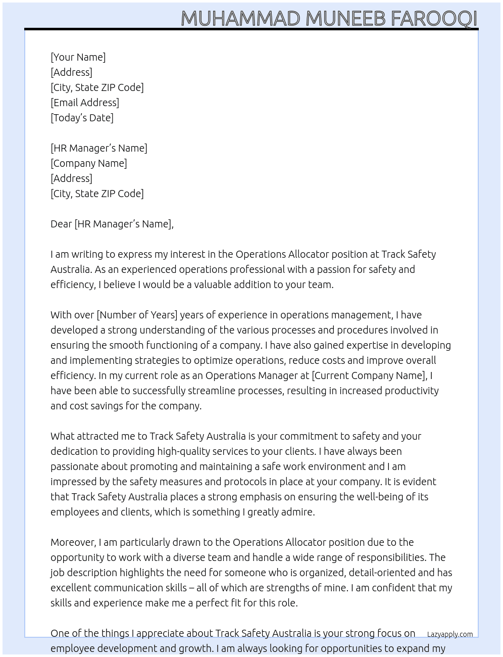 Operations allocator At Track Safety Australia  Cover Letter