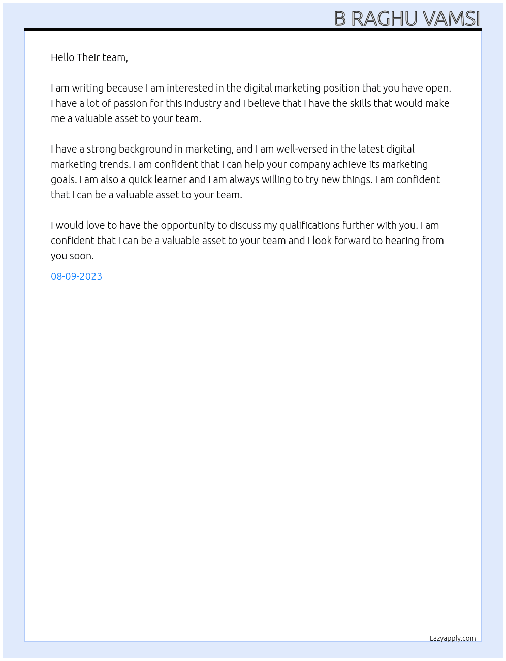 Digital marketing  At Eduminatti Cover Letter