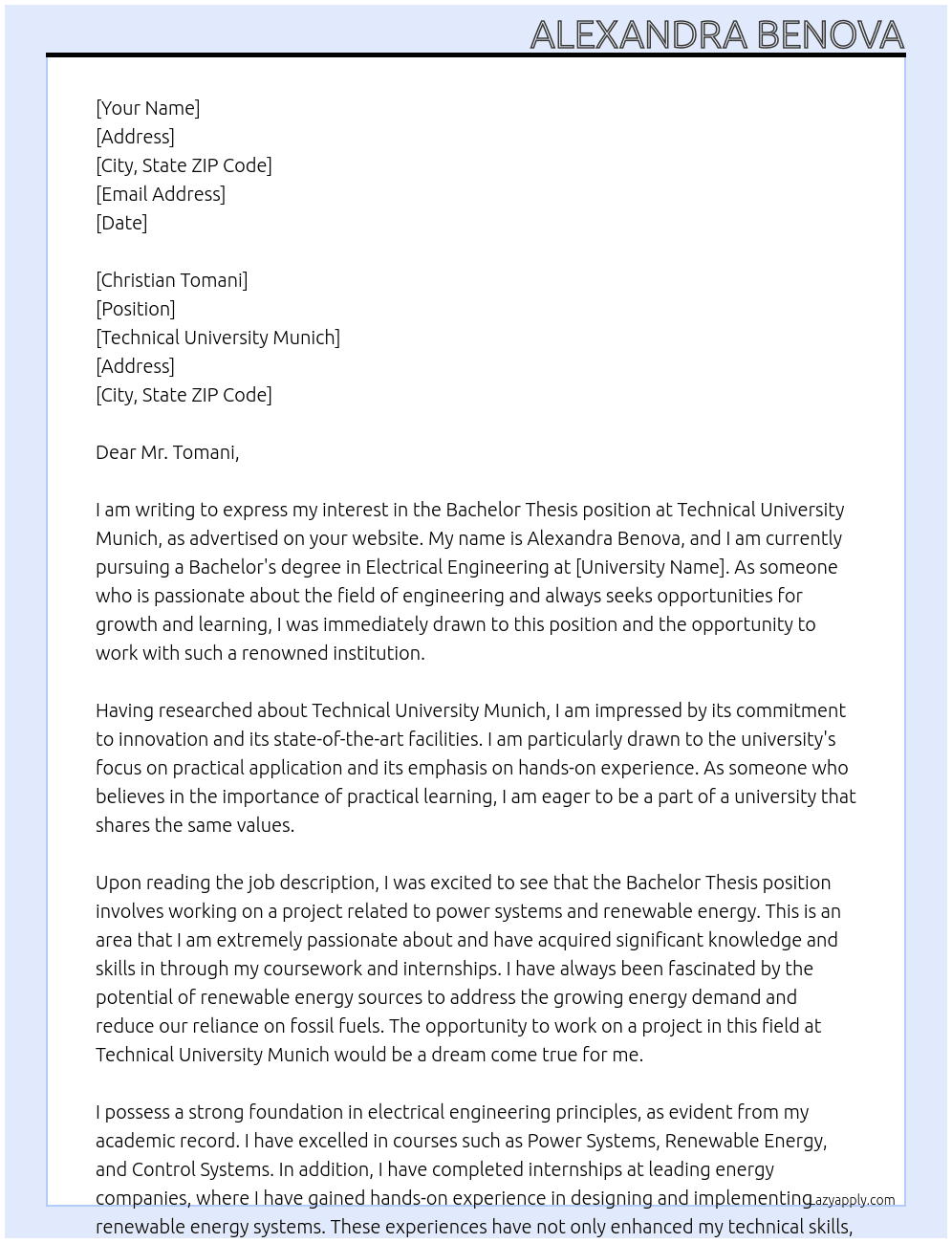 Bachelor Thesis At Technical University Munich Cover Letter