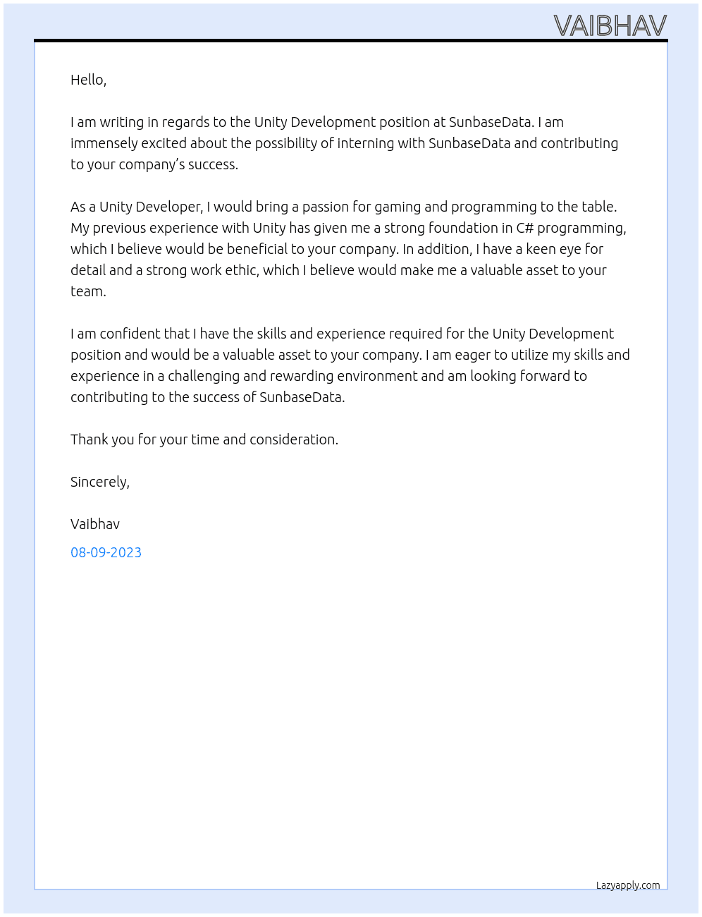 Unity Development  At SunbaseData Cover Letter