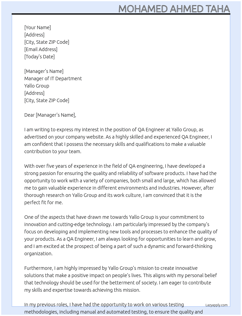 QA Engineer At Yallo Group Cover Letter