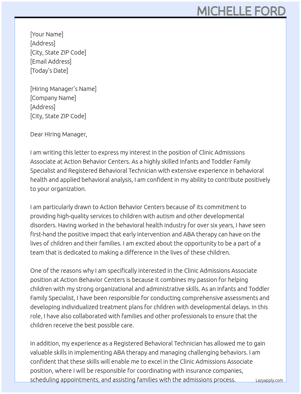 Clinic Admissions Associate  At Action Behavior Centers Cover Letter