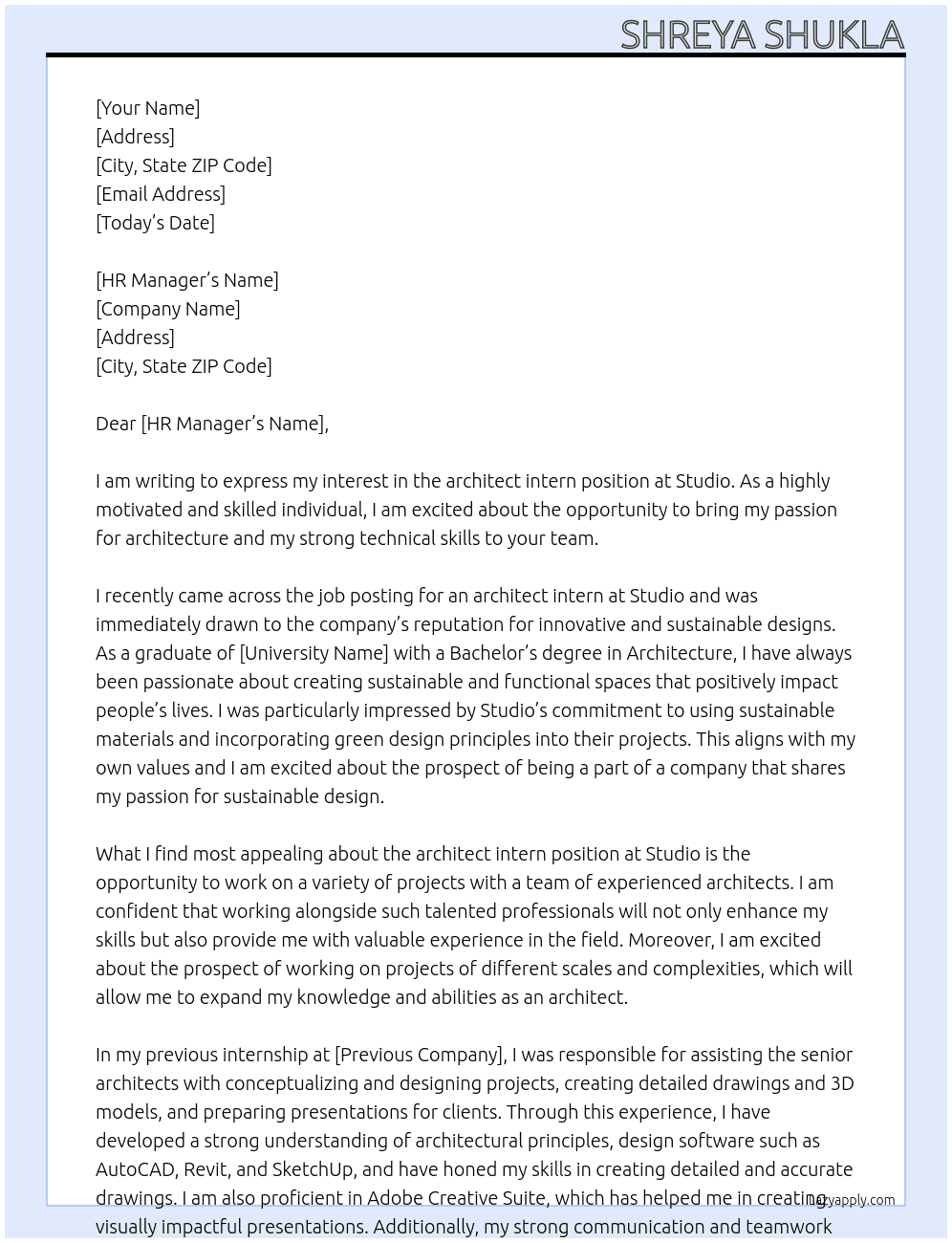 architect intern At studio  Cover Letter