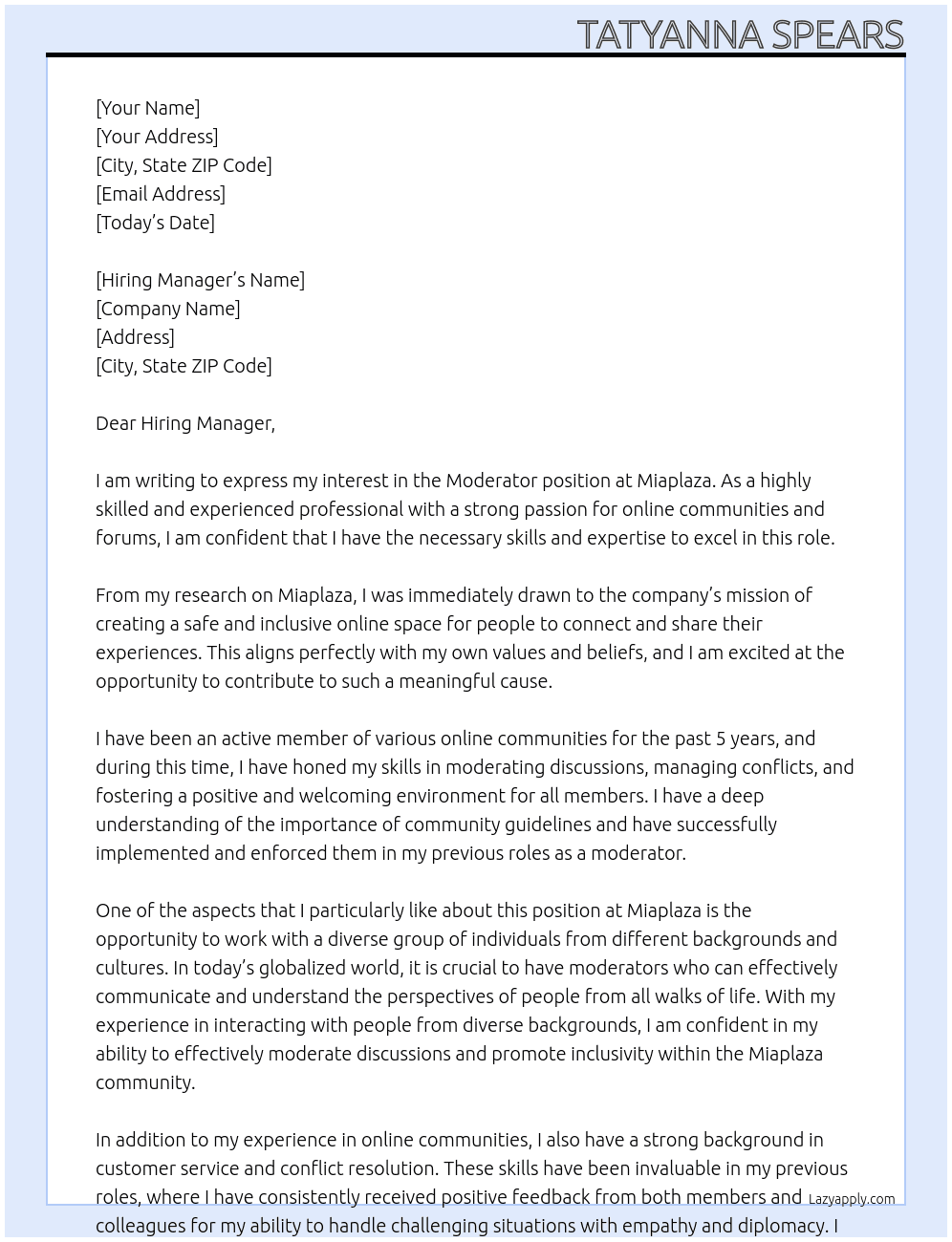 Moderator At Miaplaza Cover Letter