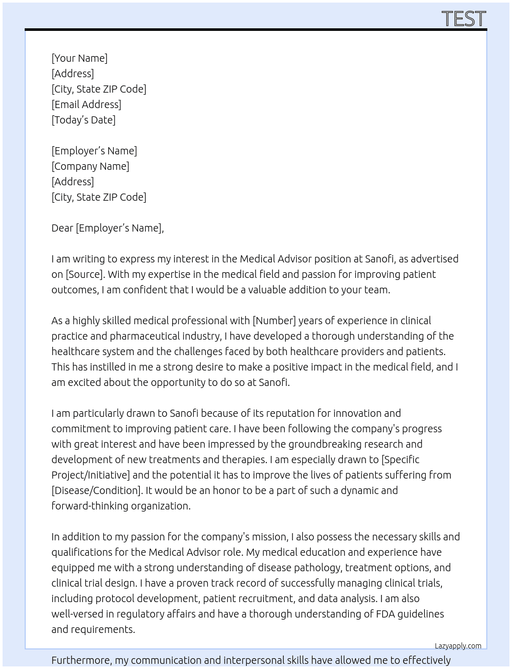 Medical Advisor At Sanofi Cover Letter