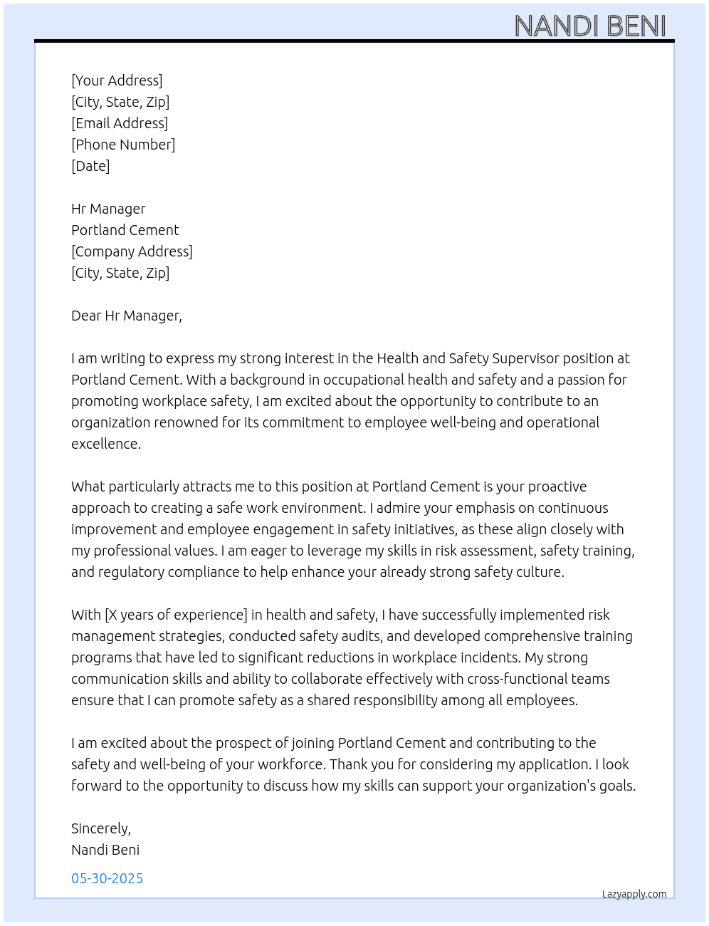 Health and safety supervisor  At Portland Cement  Cover Letter