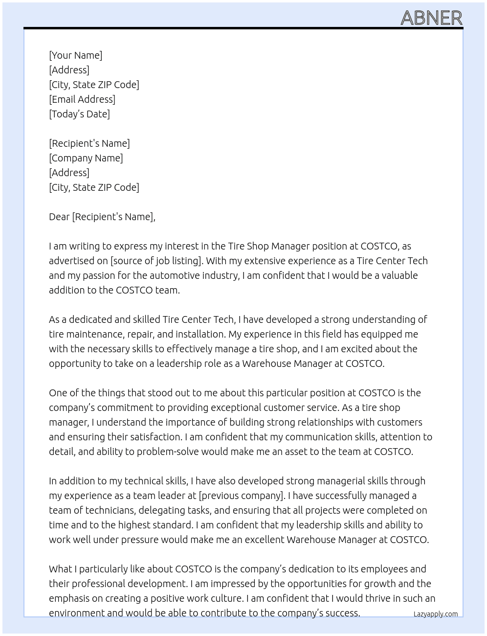 Tire Shop Manager  At COSTCO Cover Letter