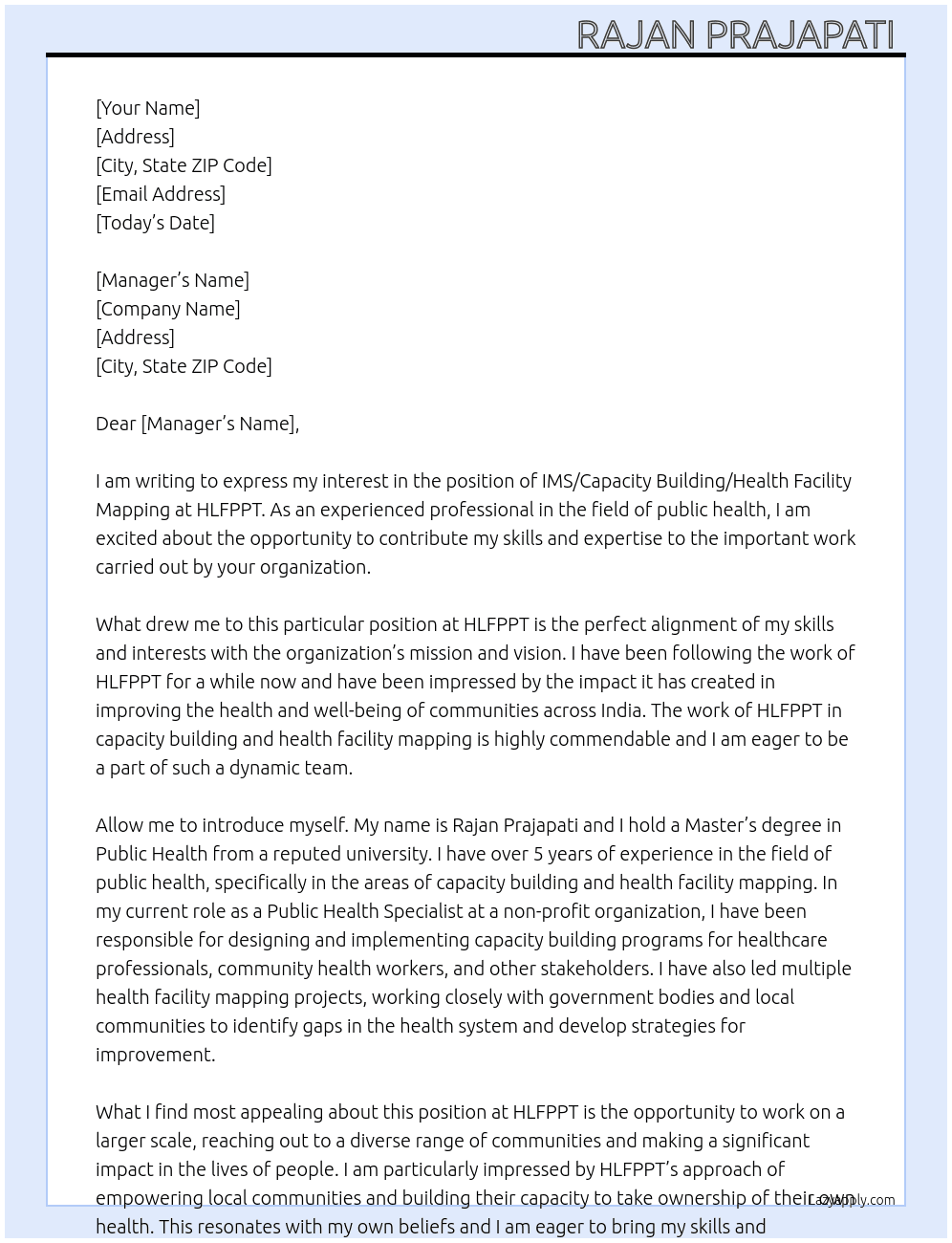 IMS/ Capacity Building/ Health Facility Mapping At HLFPPT Cover Letter