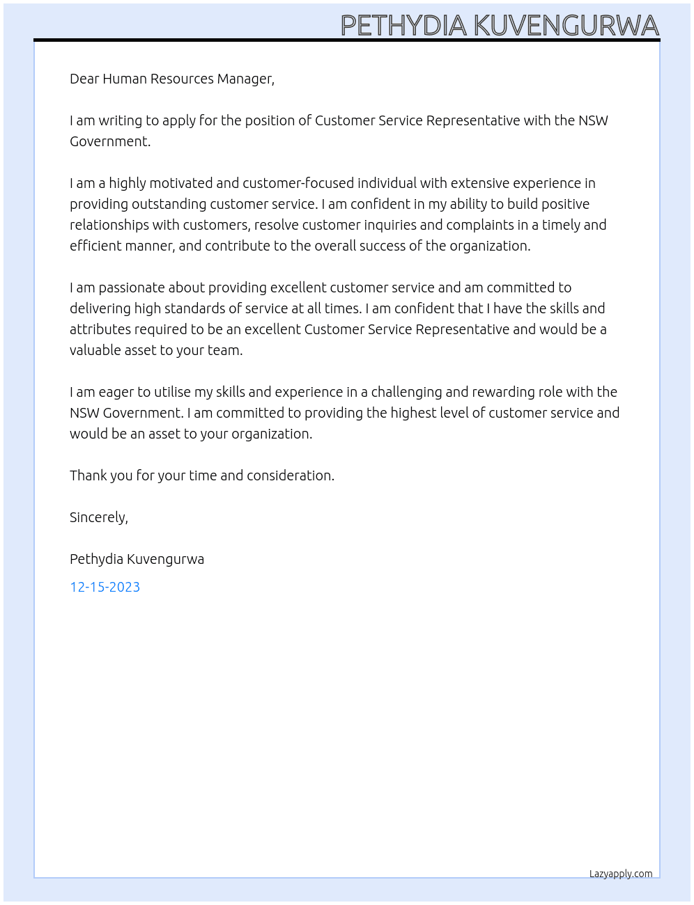 Customer service representative  At NSW Government  Cover Letter