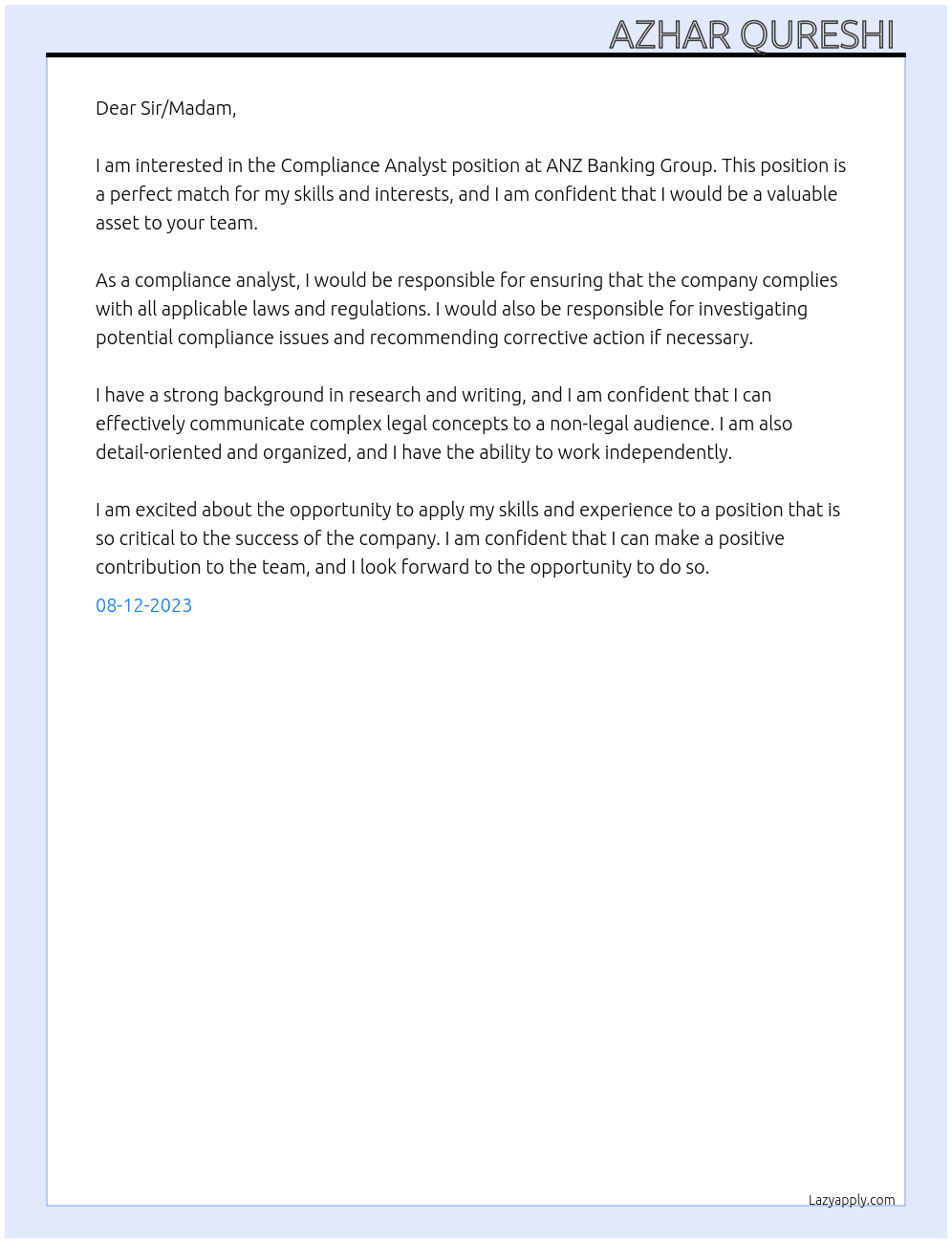Compliance Analyst  At ANZ Banking Group  Cover Letter