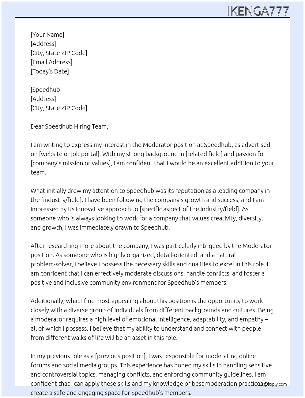 Moderator job At Speedhub  Cover Letter