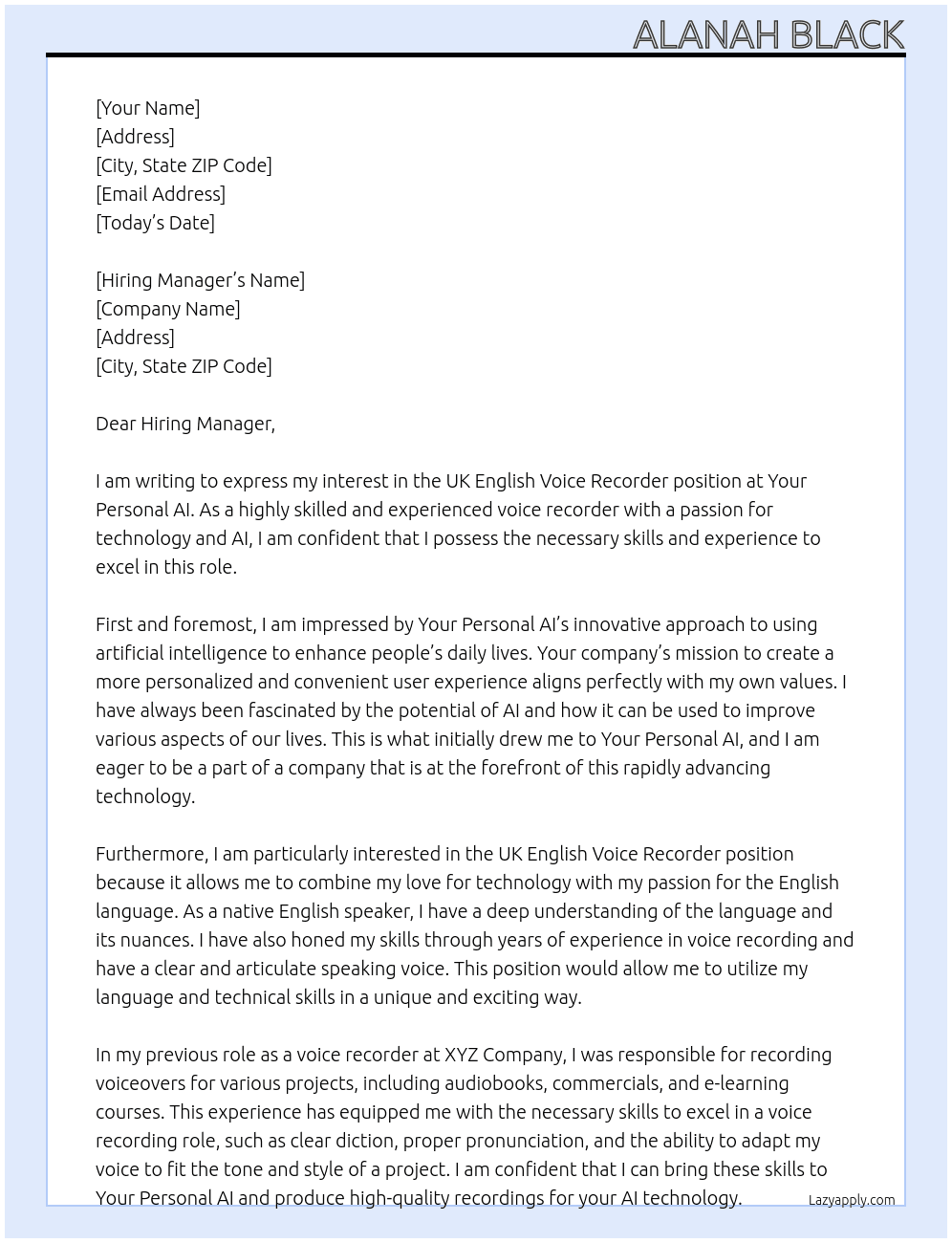 UK English voice recorder At Your Personal AI Cover Letter