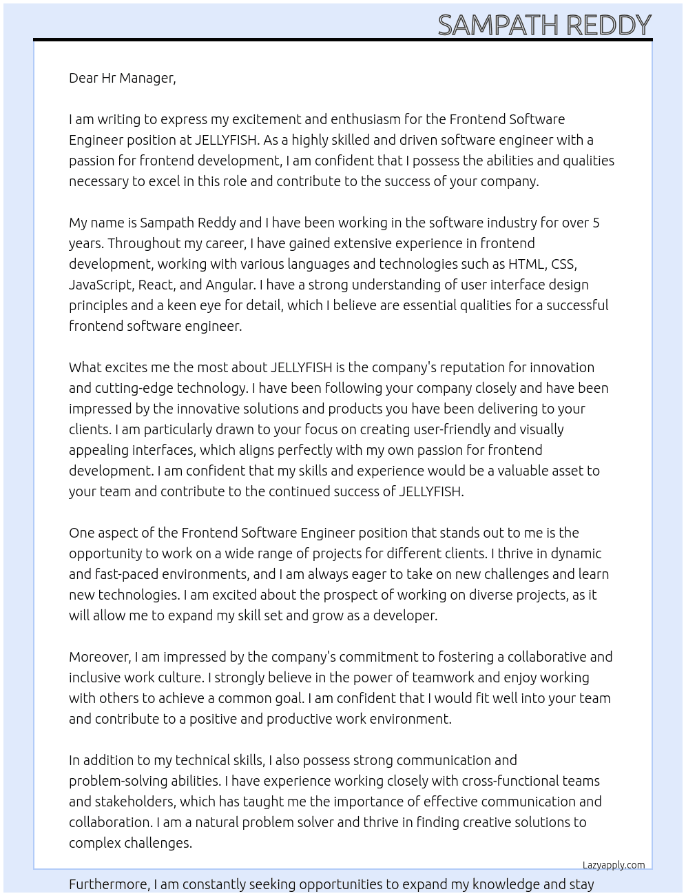 Frontend Software Engineer At JELLYFISH Cover Letter