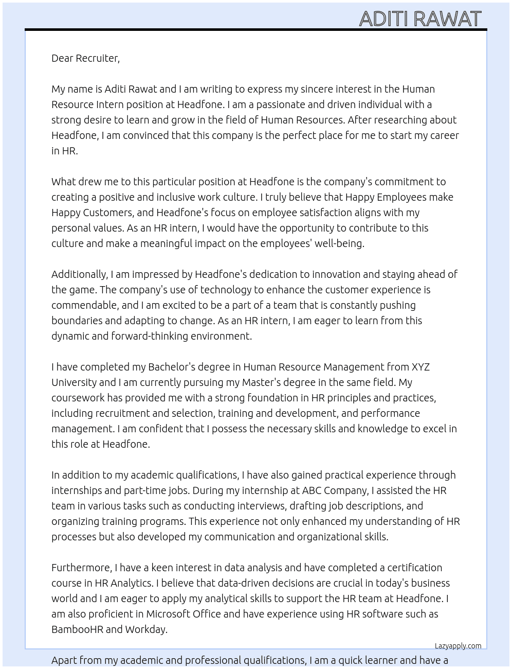Human resource intern  At Headfone  Cover Letter