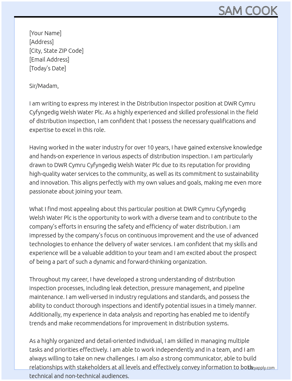 Distribution Inspector At DWR Cymru Cyfyngedig Welsh Water Plc Cover Letter