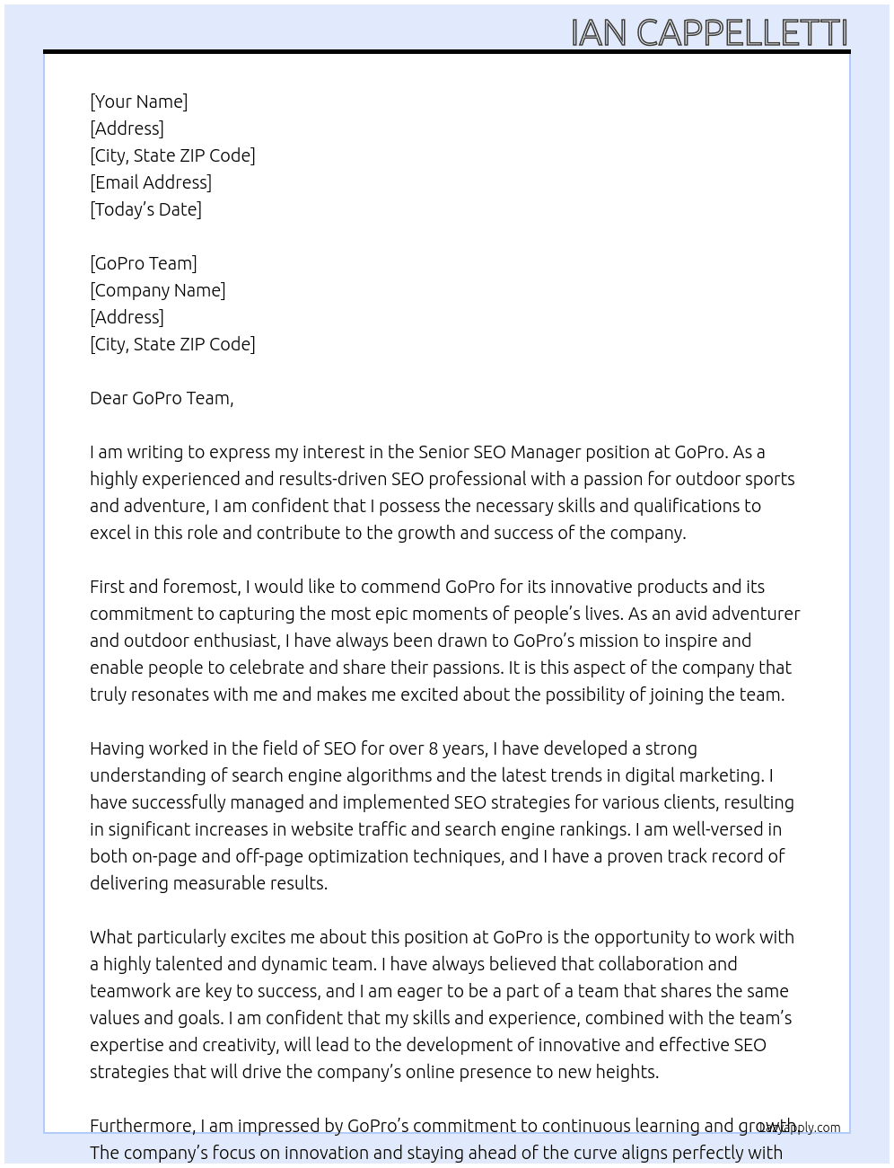 Senior SEO Manager At GoPro Cover Letter