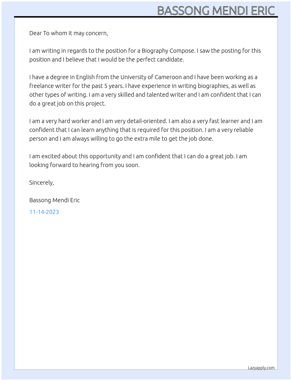 Compose your biography, wherein you may incorporate details of your social and educational accomplishments  At Global peace chain Cover Letter