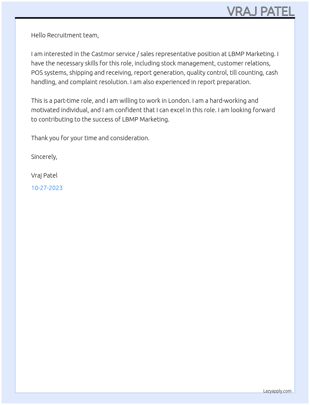 Castmor service / sales representative At LBMP Marketing Cover Letter